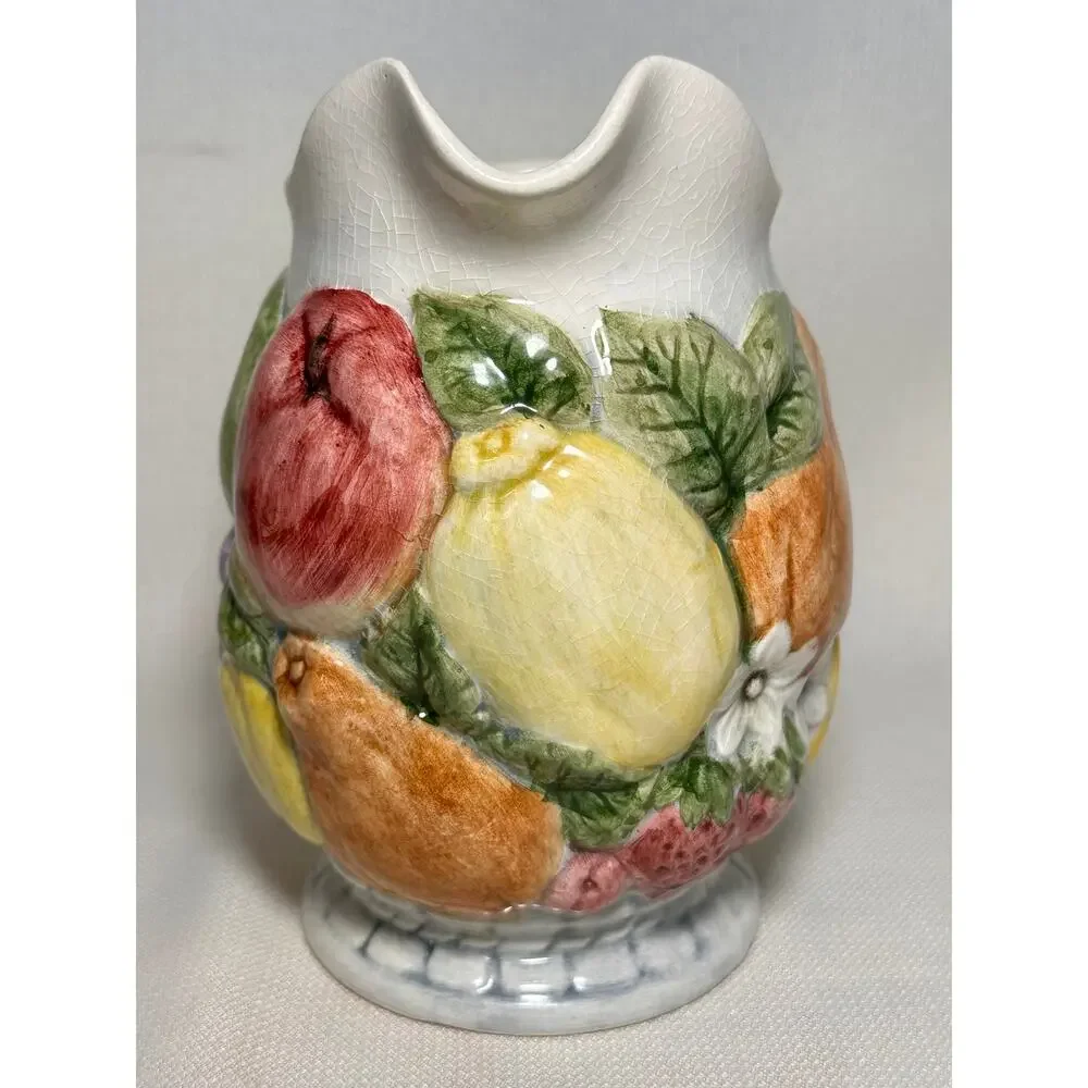 Vintage Otagiri Japan Majolica Style Ceramic Pitcher Hand-Painted Embossed Fruit